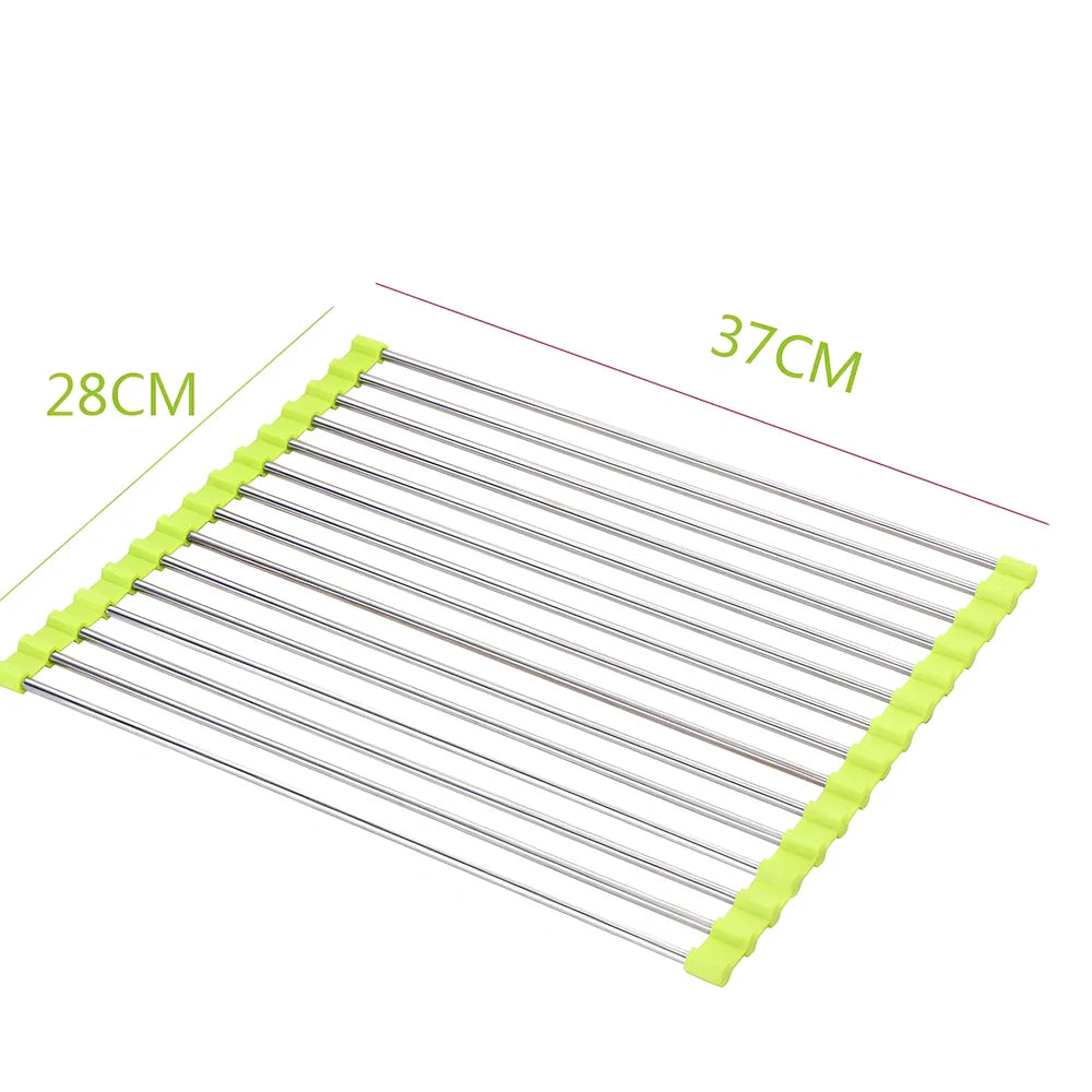 Black folding stainless steel sink drain rack with silicone edges, shown both unfolded for drying and folded for storage