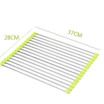 Black folding stainless steel sink drain rack with silicone edges, shown both unfolded for drying and folded for storage