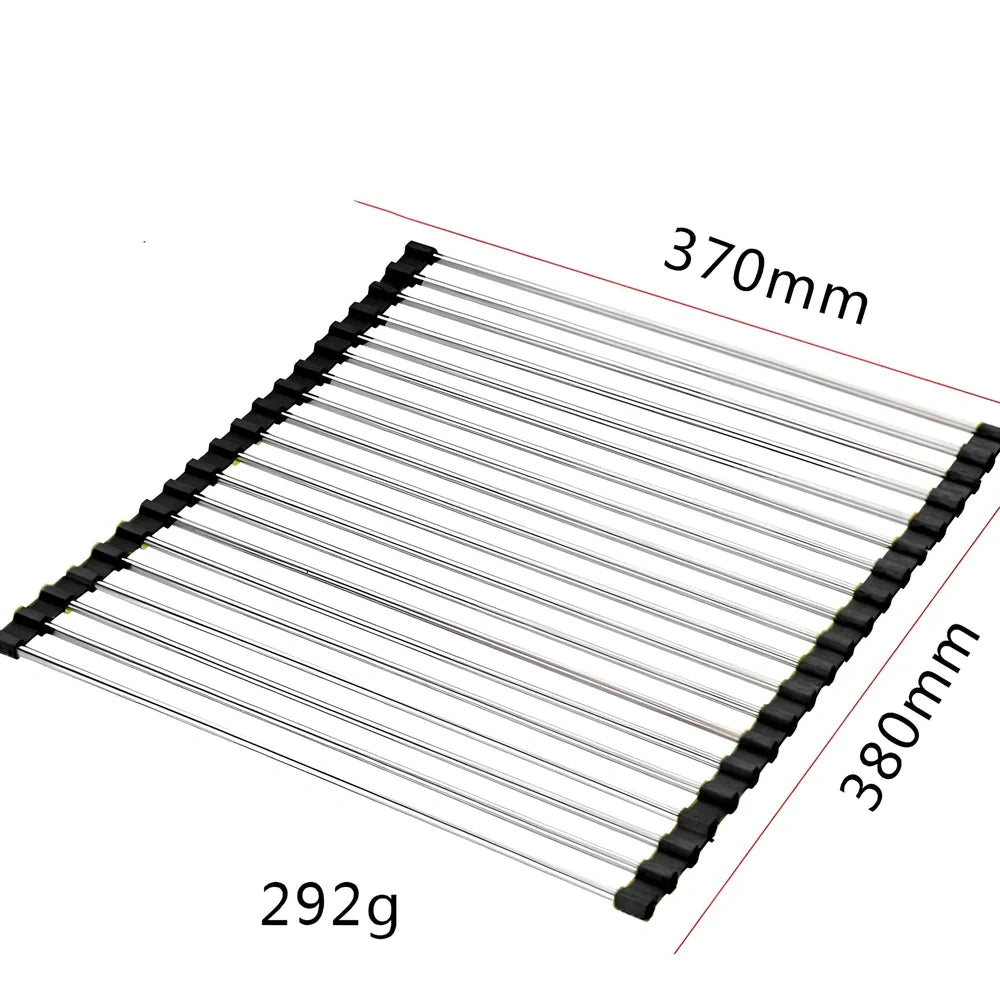 Black folding stainless steel sink drain rack with silicone edges, shown both unfolded for drying and folded for storage