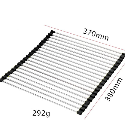 Black folding stainless steel sink drain rack with silicone edges, shown both unfolded for drying and folded for storage