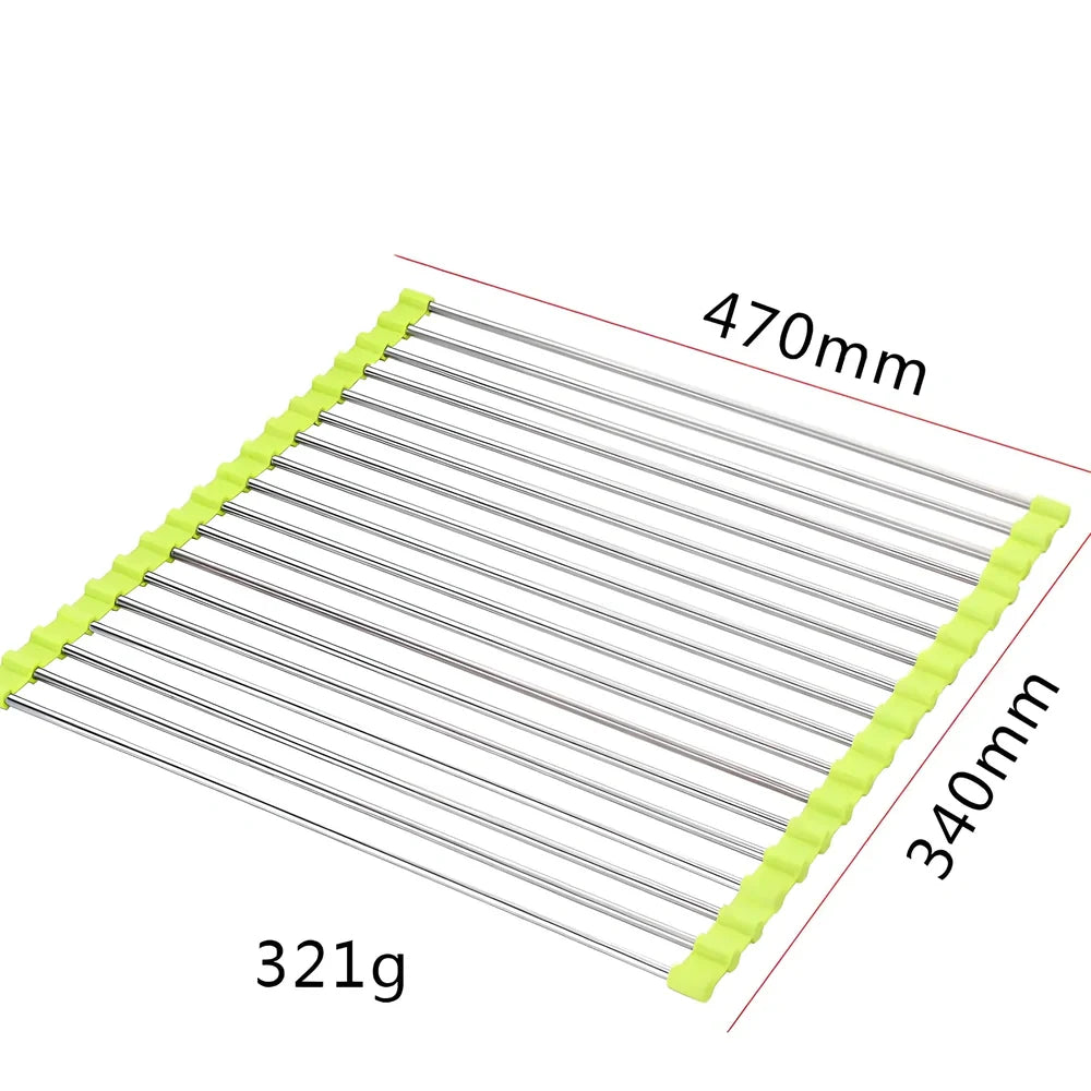 Black folding stainless steel sink drain rack with silicone edges, shown both unfolded for drying and folded for storage