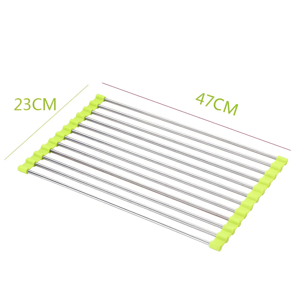 Black folding stainless steel sink drain rack with silicone edges, shown both unfolded for drying and folded for storage