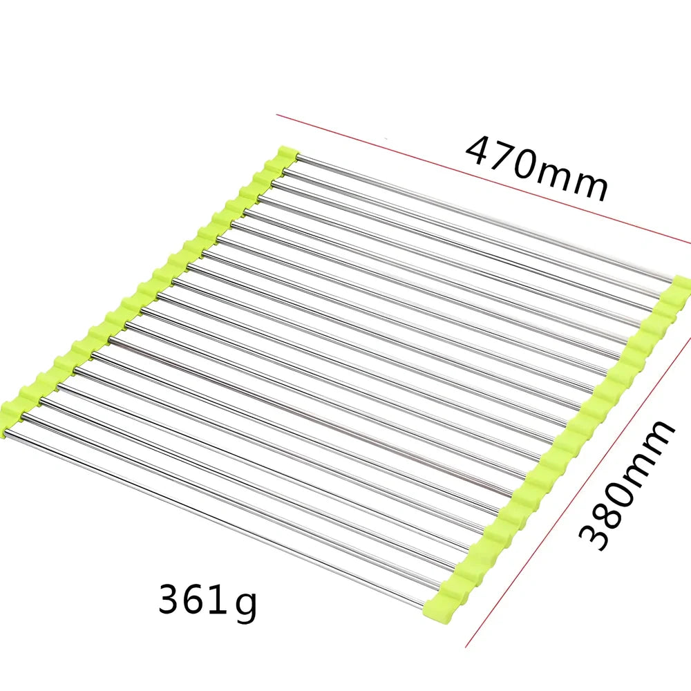 Black folding stainless steel sink drain rack with silicone edges, shown both unfolded for drying and folded for storage