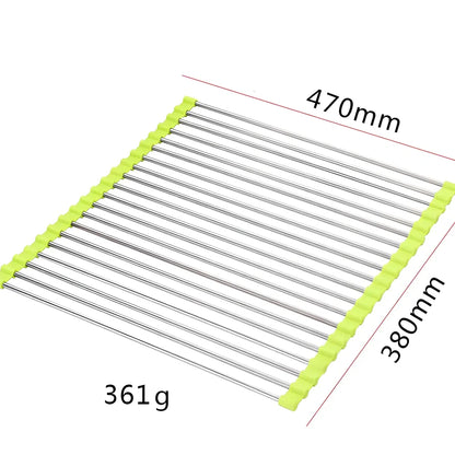 Black folding stainless steel sink drain rack with silicone edges, shown both unfolded for drying and folded for storage