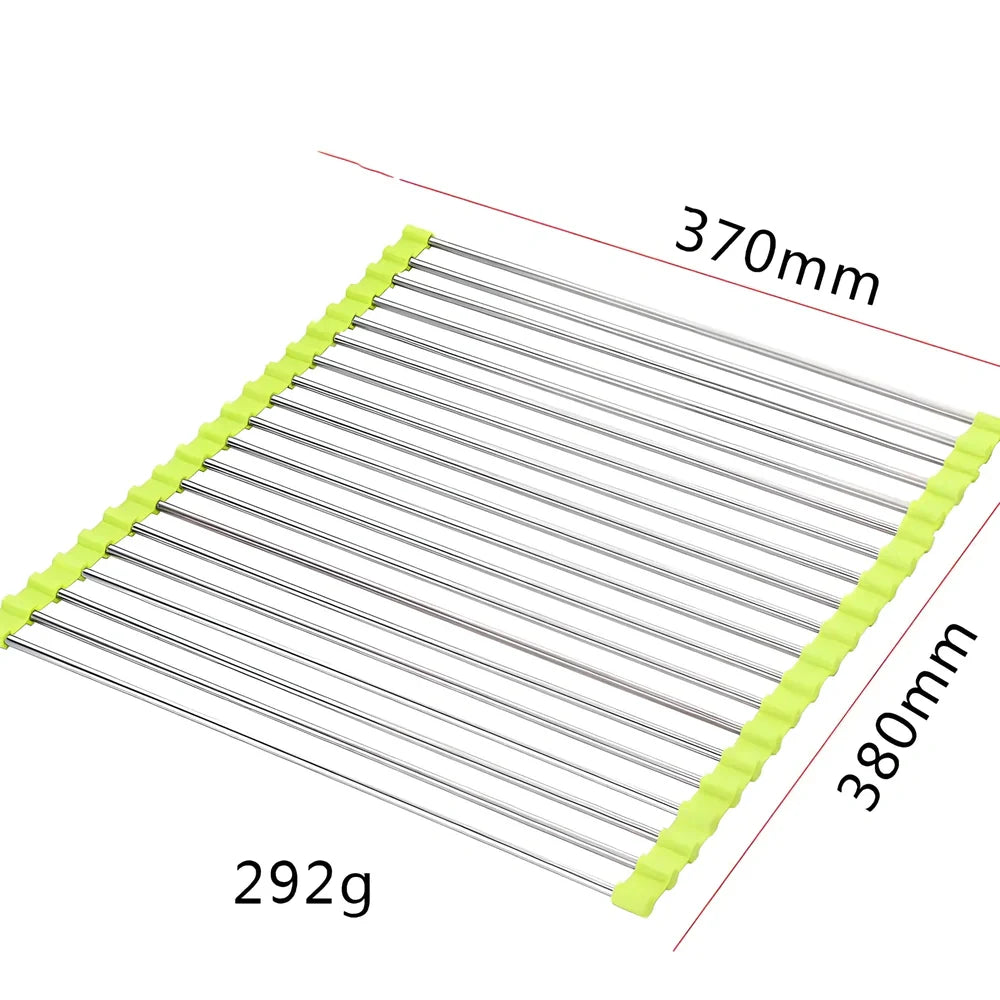 Black folding stainless steel sink drain rack with silicone edges, shown both unfolded for drying and folded for storage