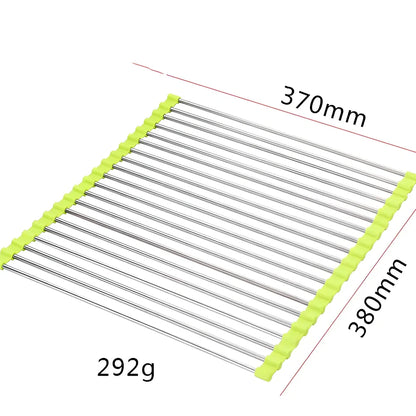 Black folding stainless steel sink drain rack with silicone edges, shown both unfolded for drying and folded for storage