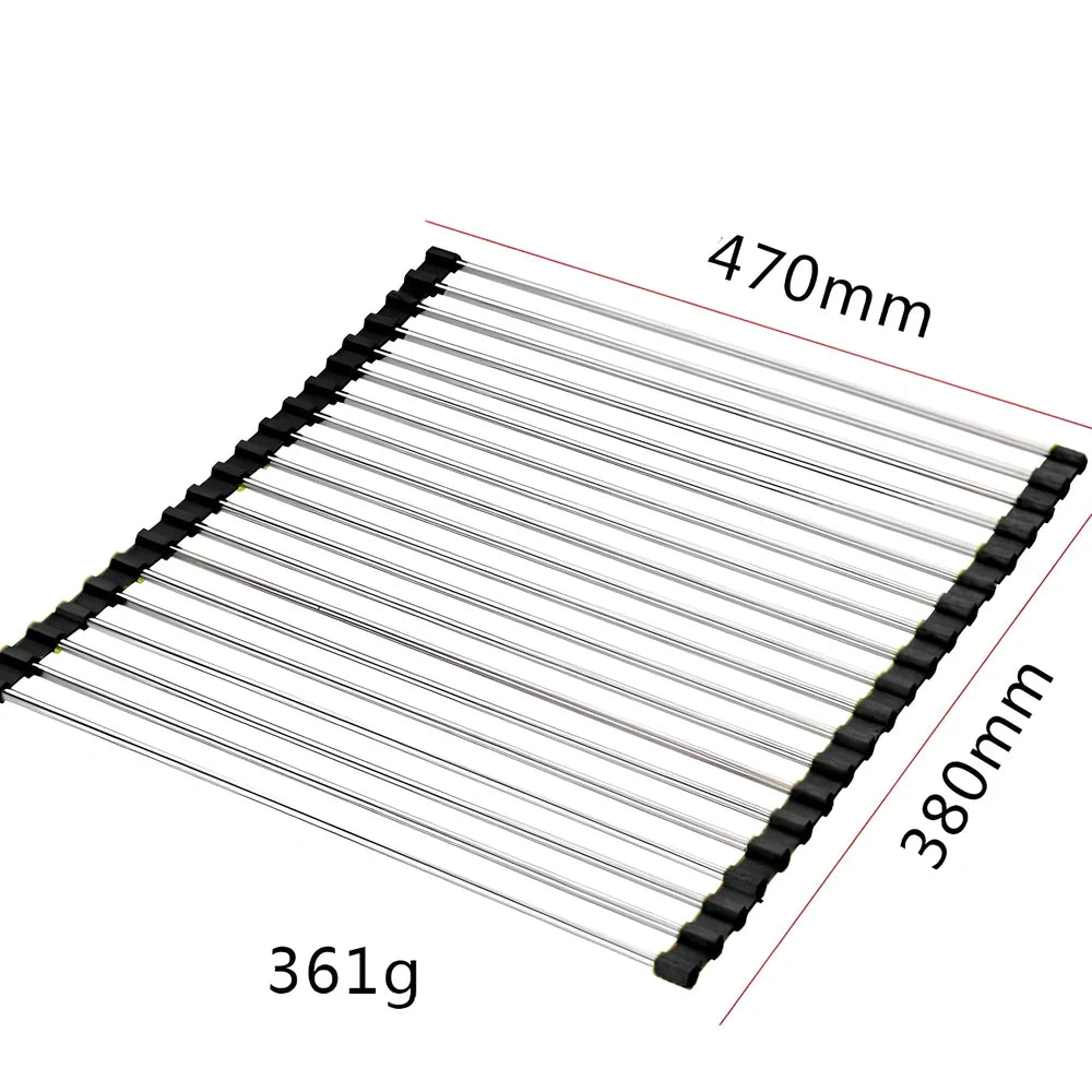 Black folding stainless steel sink drain rack with silicone edges, shown both unfolded for drying and folded for storage