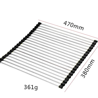 Black folding stainless steel sink drain rack with silicone edges, shown both unfolded for drying and folded for storage