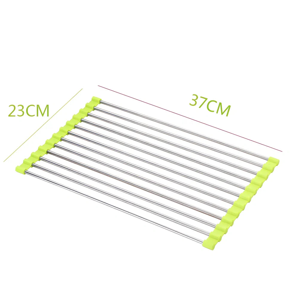 Black folding stainless steel sink drain rack with silicone edges, shown both unfolded for drying and folded for storage