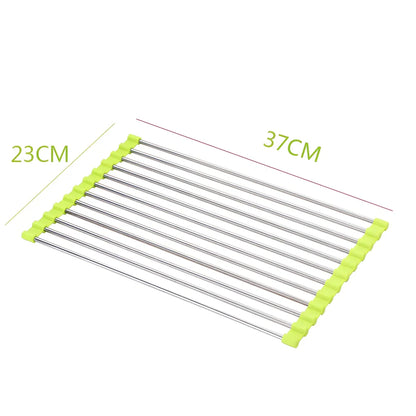 Black folding stainless steel sink drain rack with silicone edges, shown both unfolded for drying and folded for storage