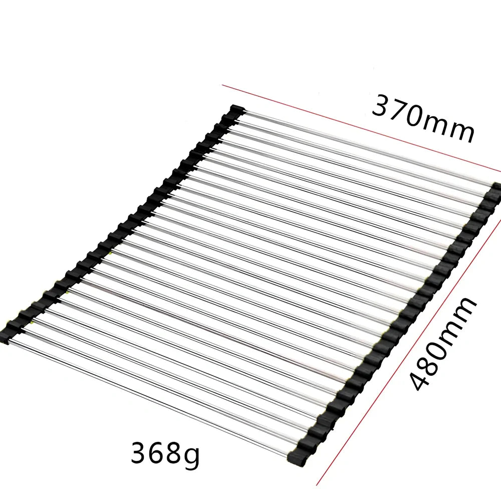 Black folding stainless steel sink drain rack with silicone edges, shown both unfolded for drying and folded for storage