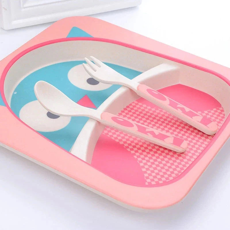 5-piece eco-friendly bamboo fiber children's tableware set with animal designs, including plate, bowl, cup, fork, and spoon