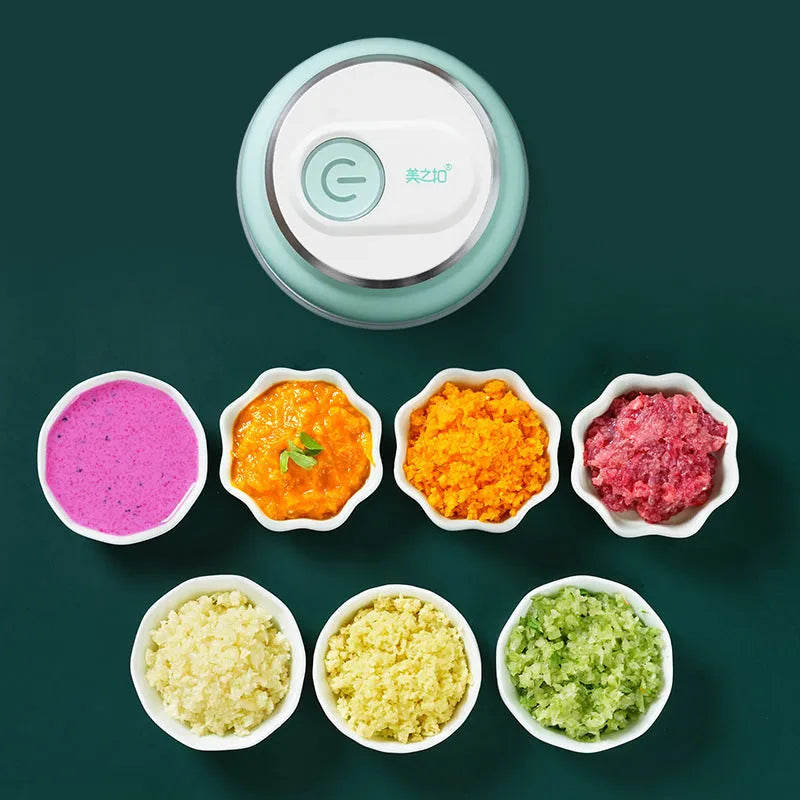 A portable electric garlic and food chopper with a transparent cup and stainless steel blade, showing 150ml and 230ml size options.