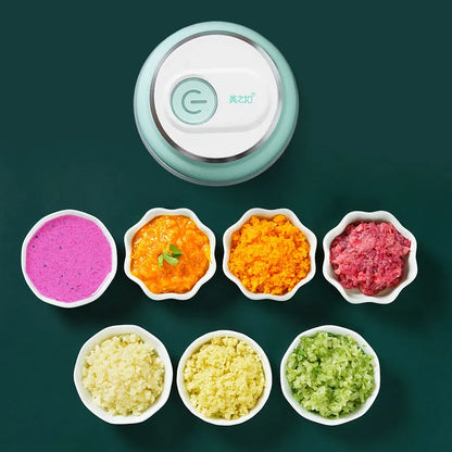 A portable electric garlic and food chopper with a transparent cup and stainless steel blade, showing 150ml and 230ml size options.