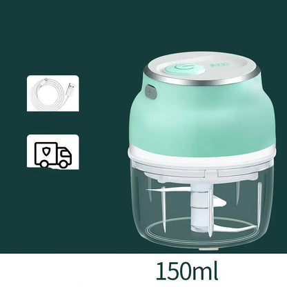 A portable electric garlic and food chopper with a transparent cup and stainless steel blade, showing 150ml and 230ml size options.
