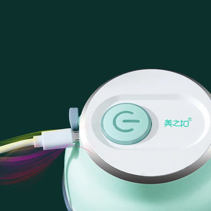 A portable electric garlic and food chopper with a transparent cup and stainless steel blade, showing 150ml and 230ml size options.