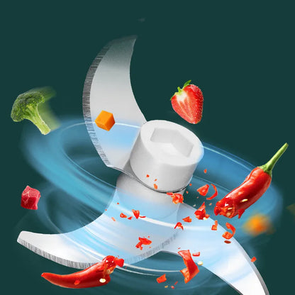 A portable electric garlic and food chopper with a transparent cup and stainless steel blade, showing 150ml and 230ml size options.
