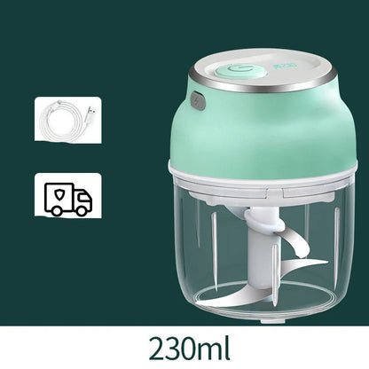 A portable electric garlic and food chopper with a transparent cup and stainless steel blade, showing 150ml and 230ml size options.
