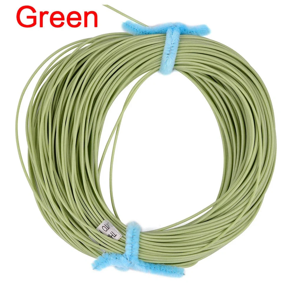 Multi-colour floating fly fishing line showing dark green, orange, blue and fluorescent yellow sections with PVC-nylon construction