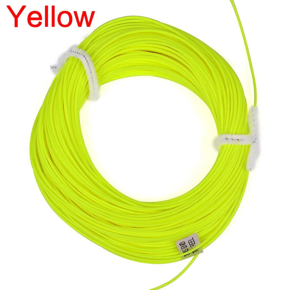 Multi-colour floating fly fishing line showing dark green, orange, blue and fluorescent yellow sections with PVC-nylon construction