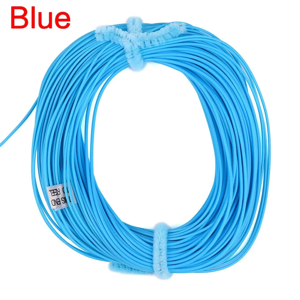 Multi-colour floating fly fishing line showing dark green, orange, blue and fluorescent yellow sections with PVC-nylon construction