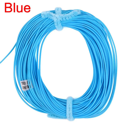 Multi-colour floating fly fishing line showing dark green, orange, blue and fluorescent yellow sections with PVC-nylon construction