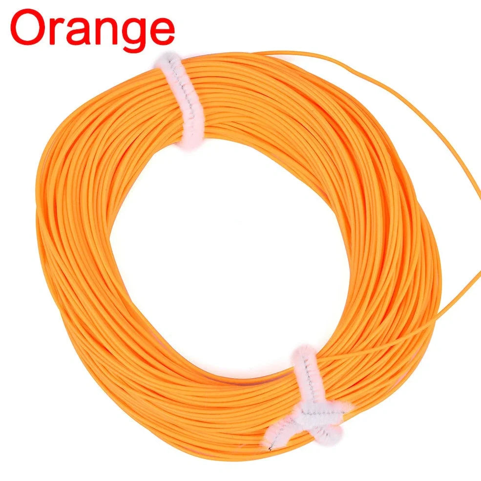Multi-colour floating fly fishing line showing dark green, orange, blue and fluorescent yellow sections with PVC-nylon construction