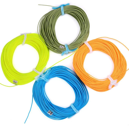 Multi-colour floating fly fishing line showing dark green, orange, blue and fluorescent yellow sections with PVC-nylon construction