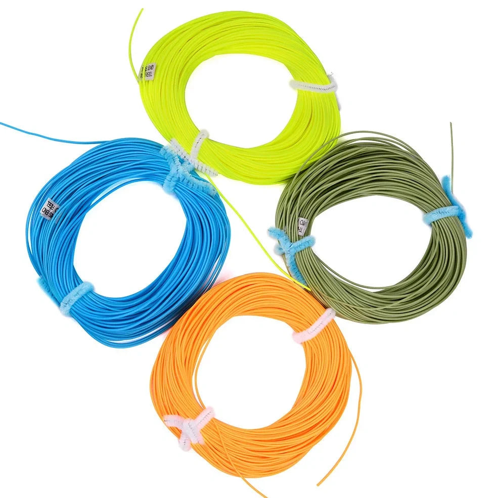 Multi-colour floating fly fishing line showing dark green, orange, blue and fluorescent yellow sections with PVC-nylon construction