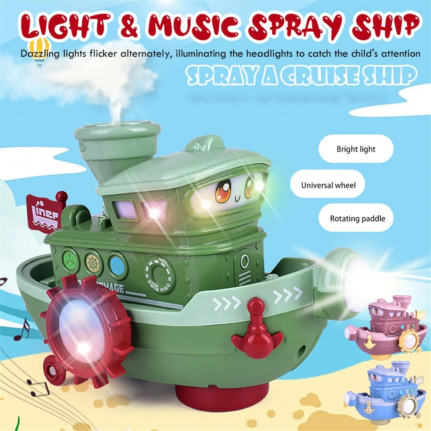Electric water rotating spray ship toy for kids bath time with lights and sounds