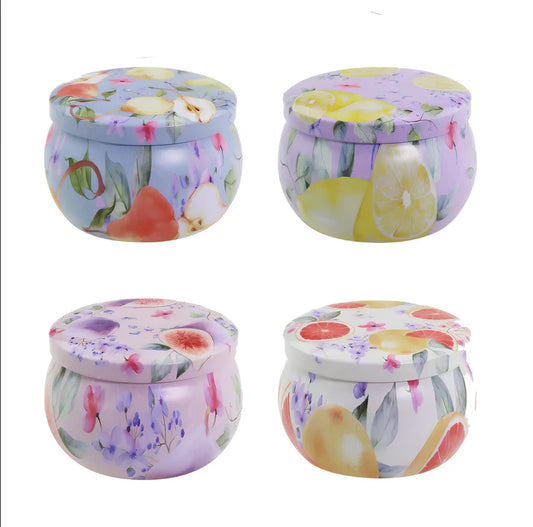 Four decorative soy wax scented candles with 35-hour burn time in floral and marble patterns