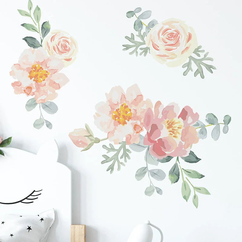 Pink watercolor flower and heart design wall stickers for room decoration