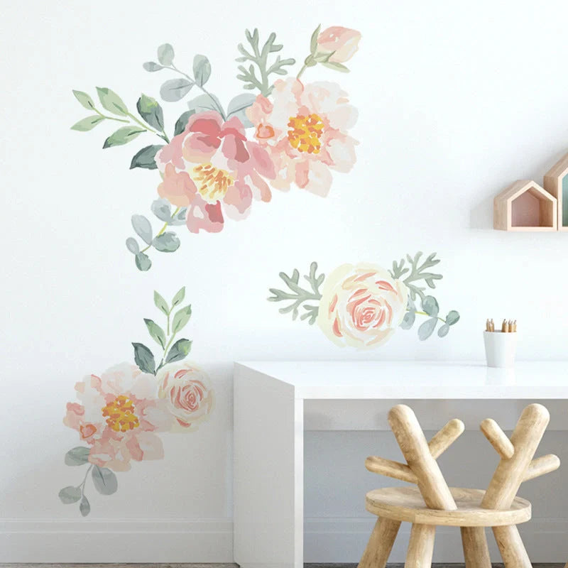 Pink watercolor flower and heart design wall stickers for room decoration