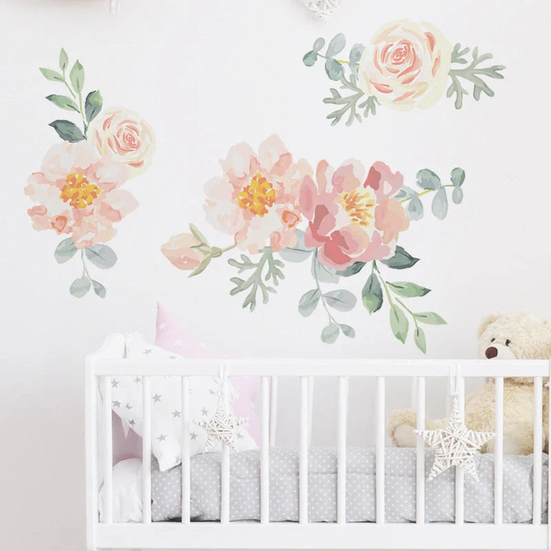 Pink watercolor flower and heart design wall stickers for room decoration