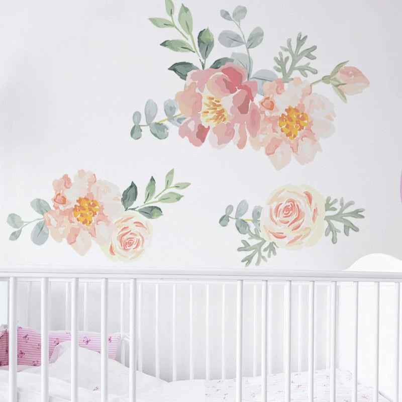Pink watercolor flower and heart design wall stickers for room decoration