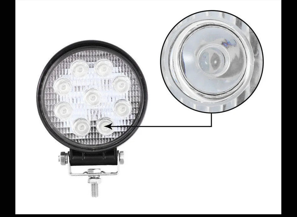 Mini round 27W LED work light with 9 LEDs, 2200LM, 84mm, black aluminium alloy body, 9-30V.