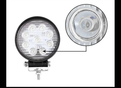 Mini round 27W LED work light with 9 LEDs, 2200LM, 84mm, black aluminium alloy body, 9-30V.