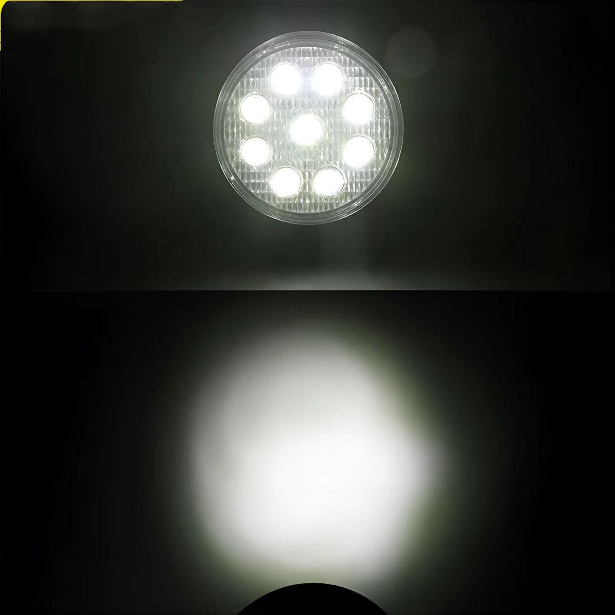 Mini round 27W LED work light with 9 LEDs, 2200LM, 84mm, black aluminium alloy body, 9-30V.
