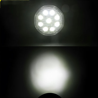 Mini round 27W LED work light with 9 LEDs, 2200LM, 84mm, black aluminium alloy body, 9-30V.