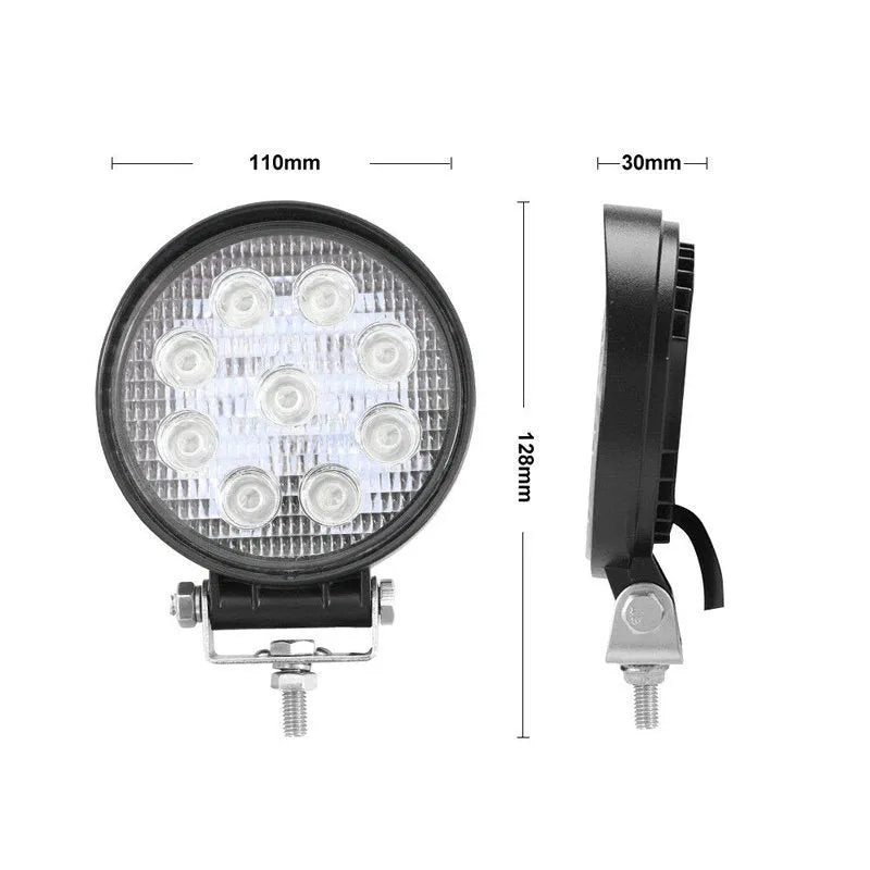 Mini round 27W LED work light with 9 LEDs, 2200LM, 84mm, black aluminium alloy body, 9-30V.