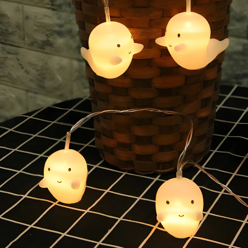 Pumpkin ghost LED Halloween lantern with warm white lights in Nordic design, showing cartoon elements and multiple length options