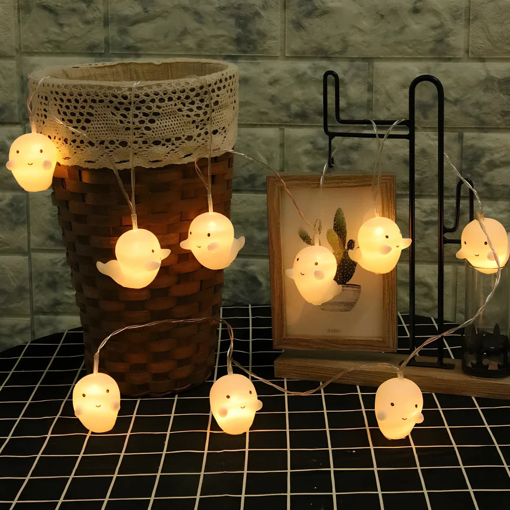 Pumpkin ghost LED Halloween lantern with warm white lights in Nordic design, showing cartoon elements and multiple length options