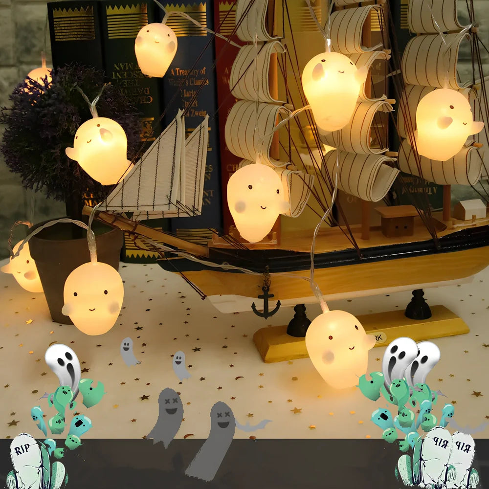 Pumpkin ghost LED Halloween lantern with warm white lights in Nordic design, showing cartoon elements and multiple length options
