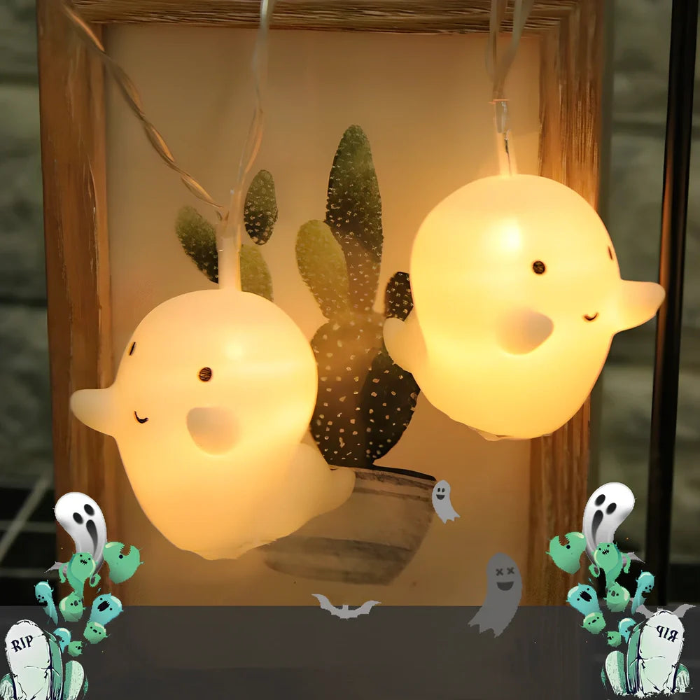 Pumpkin ghost LED Halloween lantern with warm white lights in Nordic design, showing cartoon elements and multiple length options