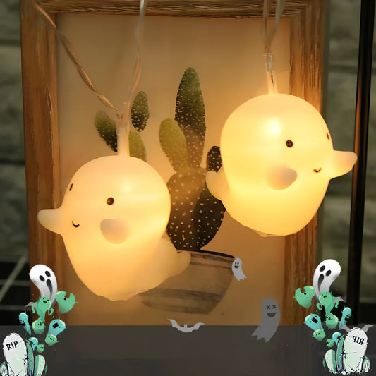Pumpkin ghost LED Halloween lantern with warm white lights in Nordic design, showing cartoon elements and multiple length options