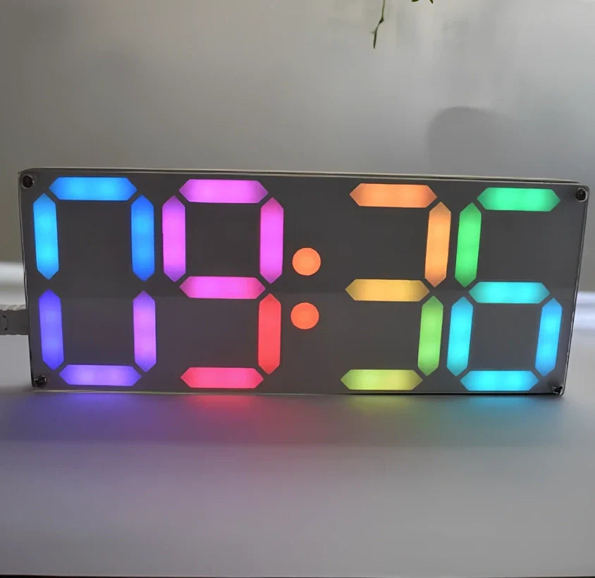 DIY Rainbow Digital Tube Clock Kit assembled with gradient colour digits on large LED display