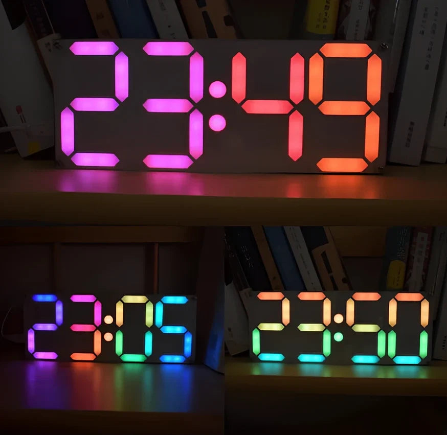 DIY Rainbow Digital Tube Clock Kit assembled with gradient colour digits on large LED display