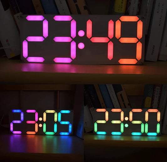 DIY Rainbow Digital Tube Clock Kit assembled with gradient colour digits on large LED display