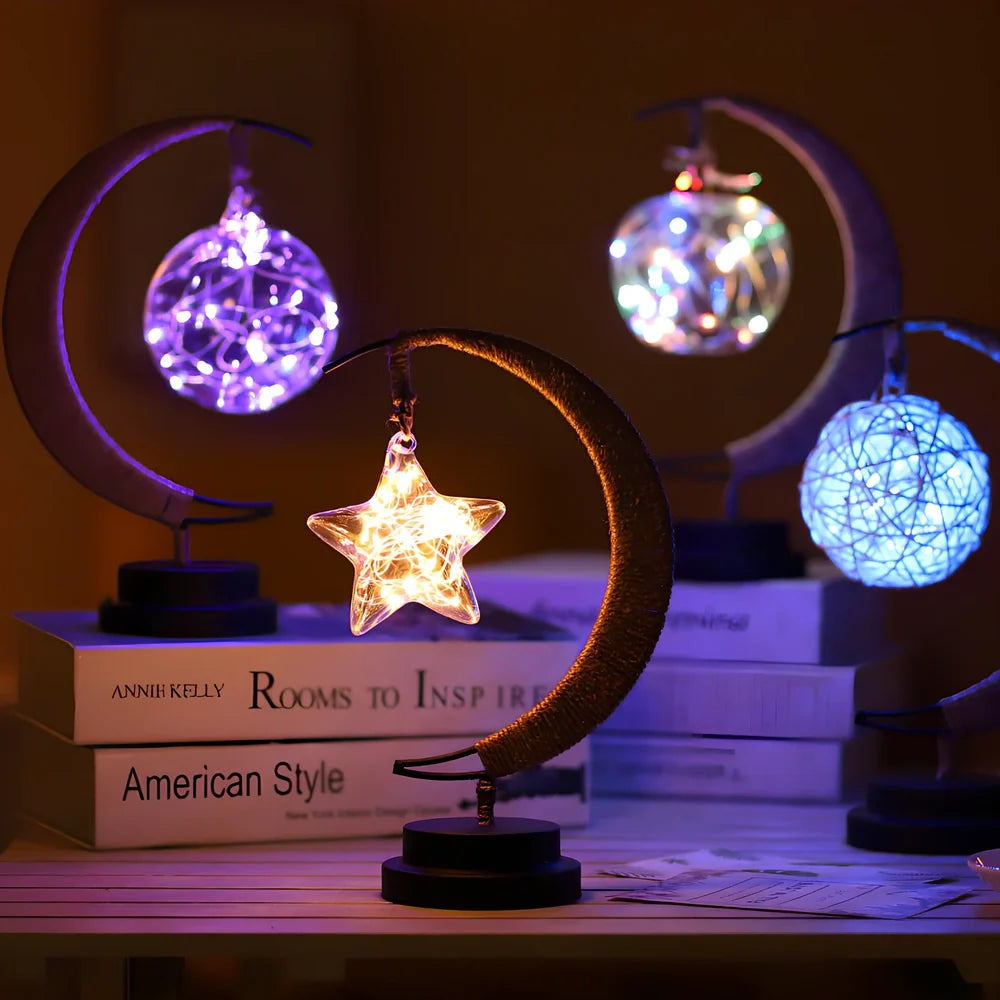 Star-shaped wrought iron LED decorative light with copper wire detailing and glass shell, measuring 280mm by 140mm by 130mm