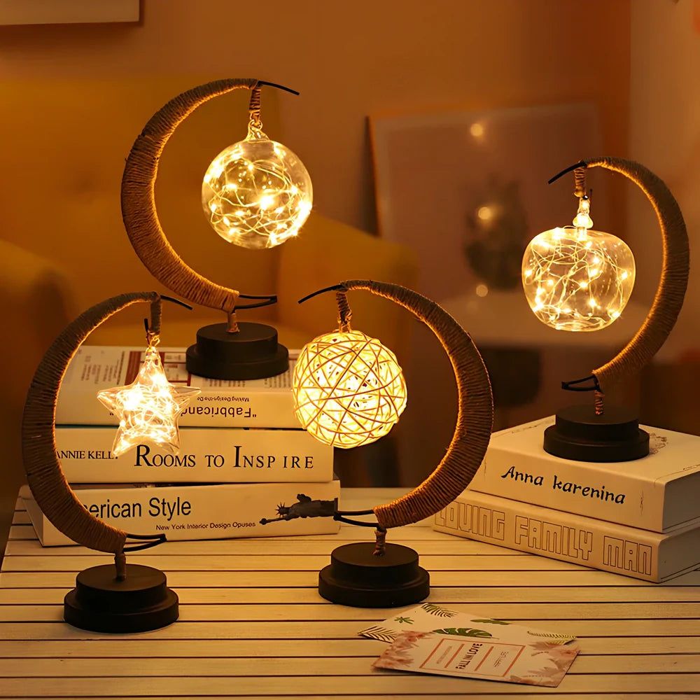 Star-shaped wrought iron LED decorative light with copper wire detailing and glass shell, measuring 280mm by 140mm by 130mm